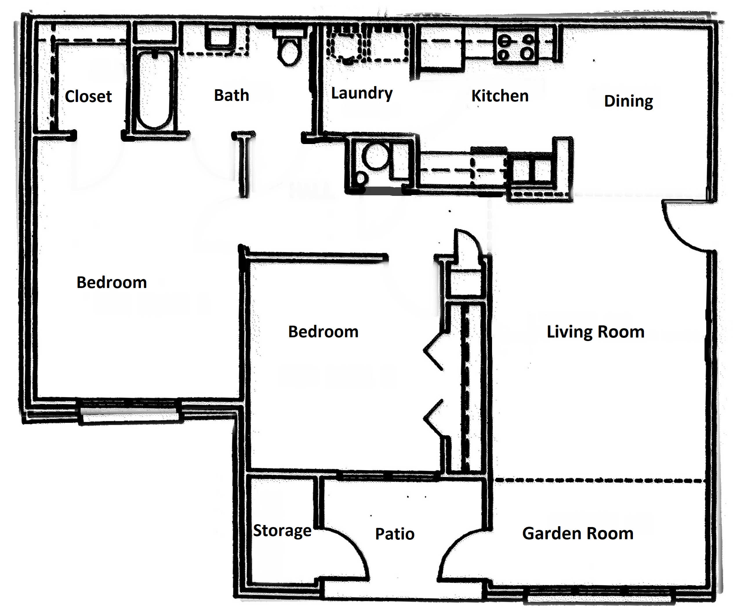 Floor plan for 2 beds, 1 bath, 1227 sqft